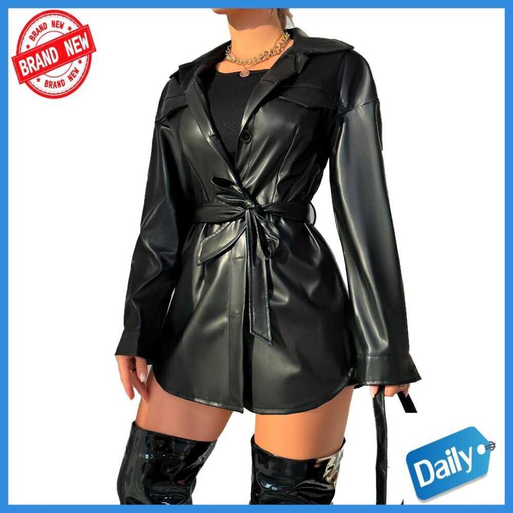Faux Leather Trench Coat Motorcycle Jacket with Belt Lined Classic Fit